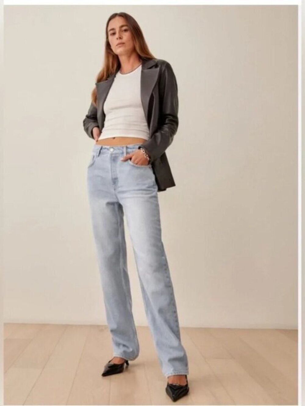 Reformation Casey Mid Rise Relaxed Straight Wide Jeans Light Wash Size 31